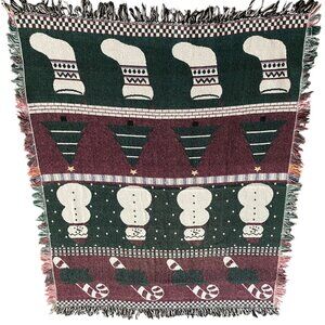 Lillian Vernon Christmas Tapestry Throw‎ Blanket Reversible Stockings Snowmen
